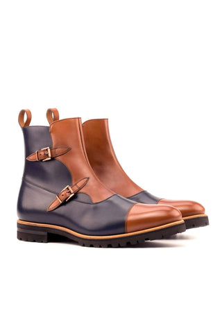 Ambrogio Handmade Custom Navy & Brown Calf-Skin Leather Buckle Boots (AMB1949)-AmbrogioShoes