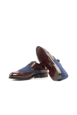 Ambrogio Handmade Custom Navy & Burgundy Jeans Fabric / Patina Leather Monk Strap (AMB2194)-AmbrogioShoes