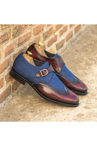 Ambrogio Handmade Custom Navy & Burgundy Jeans Fabric / Patina Leather Monk Strap (AMB2194)-AmbrogioShoes