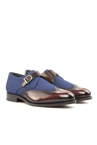 Ambrogio Handmade Custom Navy & Burgundy Jeans Fabric / Patina Leather Monk Strap (AMB2194)-AmbrogioShoes