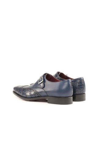 Ambrogio Handmade Custom Navy Crocodile Embossed & Calf-Skin Leather Monk Strap (AMB2193)-AmbrogioShoes