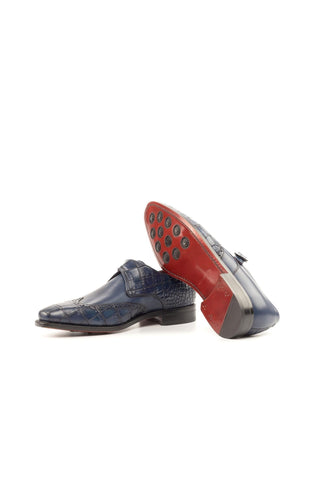 Ambrogio Handmade Custom Navy Crocodile Embossed & Calf-Skin Leather Monk Strap (AMB2193)-AmbrogioShoes