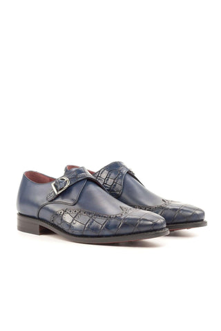 Ambrogio Handmade Custom Navy Crocodile Embossed & Calf-Skin Leather Monk Strap (AMB2193)-AmbrogioShoes