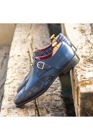 Ambrogio Handmade Custom Navy Crocodile Print & Calf-Skin Leather Monk Strap (AMB2193)-AmbrogioShoes
