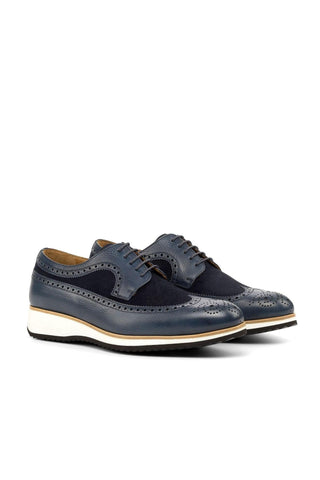 Ambrogio Handmade Custom Navy Suede / Pebble Grain Leather Wingtip Oxfords (AMB1911)-AmbrogioShoes