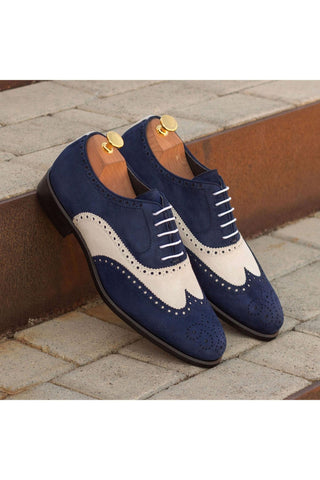 Ambrogio Handmade Custom Navy & White Suede Full Brogue Oxfords (AMB2129)-AmbrogioShoes