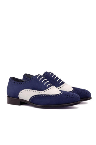Ambrogio Handmade Custom Navy & White Suede Full Brogue Oxfords (AMB2129)-AmbrogioShoes