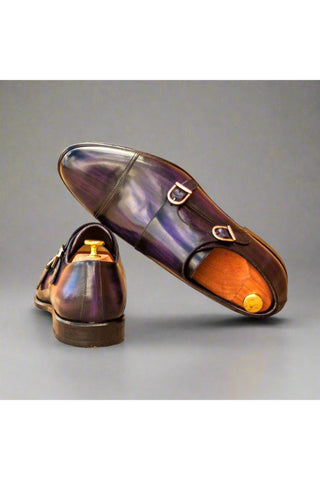 Ambrogio Handmade Custom Purple Patina Leather Monk-Straps Loafers (AMB1985)-AmbrogioShoes