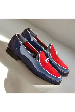 Ambrogio Handmade Custom Red & Cobalt Blue Suede / Patent Belgian Loafers (AMB2229)-AmbrogioShoes
