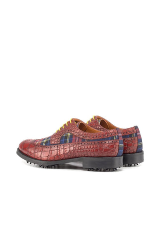 Ambrogio Handmade Custom Red Combination Tartan Fabric / Crocodile Embossed Leather Golf Longwing Blucher Oxfords (AMB2219)-AmbrogioShoes