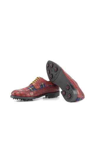 Ambrogio Handmade Custom Red Combination Tartan Fabric / Crocodile Embossed Leather Golf Longwing Blucher Oxfords (AMB2219)-AmbrogioShoes