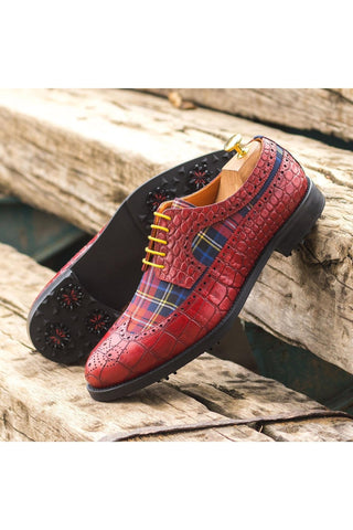 Ambrogio Handmade Custom Red Combination Tartan Fabric / Crocodile Embossed Leather Golf Longwing Blucher Oxfords (AMB2219)-AmbrogioShoes