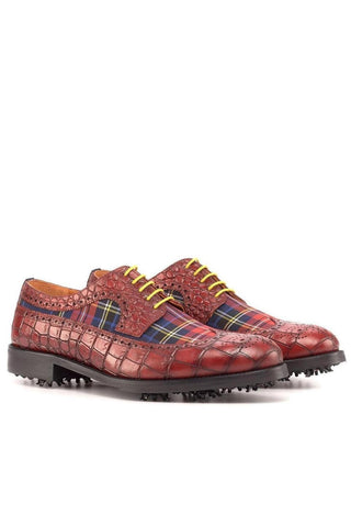 Ambrogio Handmade Custom Red Combination Tartan Fabric / Crocodile Embossed Leather Golf Longwing Blucher Oxfords (AMB2219)-AmbrogioShoes