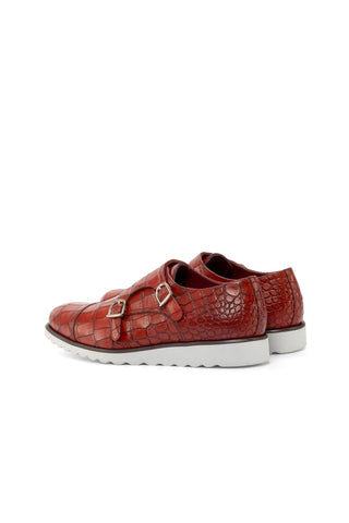 Ambrogio Handmade Custom Red Crocodile Embossed Monk-Straps Loafers (AMB2211)-AmbrogioShoes