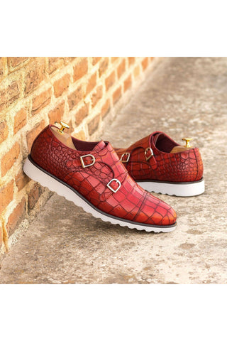 Ambrogio Handmade Custom Red Crocodile Embossed Monk-Straps Loafers (AMB2211)-AmbrogioShoes