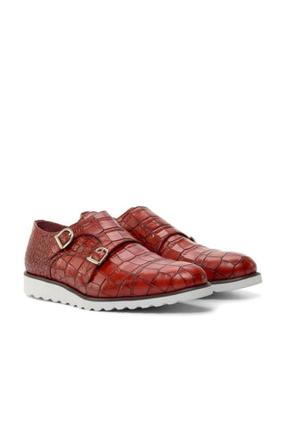 Ambrogio Handmade Custom Red Crocodile Embossed Monk-Straps Loafers (AMB2211)-AmbrogioShoes