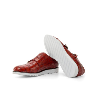 Ambrogio Handmade Custom Red Crocodile Print Monk-Straps Loafers (AMB2211)-AmbrogioShoes