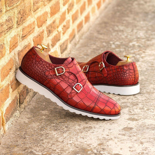 Ambrogio Handmade Custom Red Crocodile Print Monk-Straps Loafers (AMB2211)-AmbrogioShoes