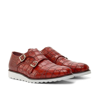 Ambrogio Handmade Custom Red Crocodile Print Monk-Straps Loafers (AMB2211)-AmbrogioShoes