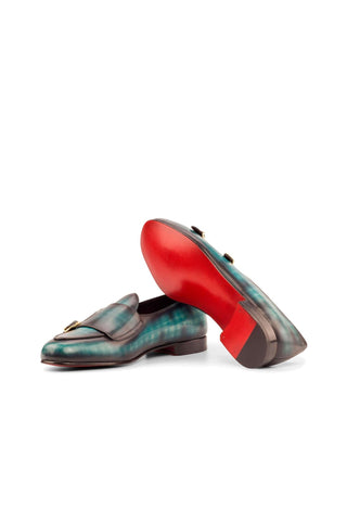 Ambrogio Handmade Custom Turquoise Patina Leather Monk Slipper Loafers (AMB1947)-AmbrogioShoes