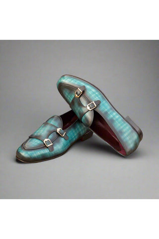 Ambrogio Handmade Custom Turquoise Patina Leather Monk Slipper Loafers (AMB1947)-AmbrogioShoes