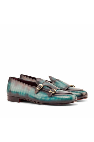 Ambrogio Handmade Custom Turquoise Patina Leather Monk Slipper Loafers (AMB1947)-AmbrogioShoes