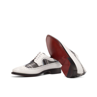 Ambrogio Handmade Custom White, Gray & Blue Plaid Fabric / Box Calf-Skin Leather Longwing Blucher Oxfords (AMB2199)-AmbrogioShoes