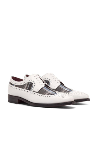 Ambrogio Handmade Custom White, Gray & Blue Plaid Fabric / Box Calf-Skin Leather Longwing Blucher Oxfords (AMB2199)-AmbrogioShoes