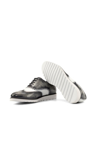 Ambrogio Handmade Custom White & Gray Patina / Calf-Skin Leather Full Brogue Oxfords (AMB2225)-AmbrogioShoes