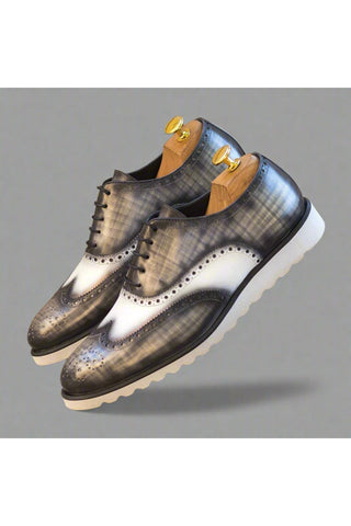 Ambrogio Handmade Custom White & Gray Patina / Calf-Skin Leather Full Brogue Oxfords (AMB2225)-AmbrogioShoes