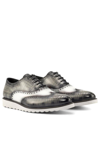 Ambrogio Handmade Custom White & Gray Patina / Calf-Skin Leather Full Brogue Oxfords (AMB2225)-AmbrogioShoes