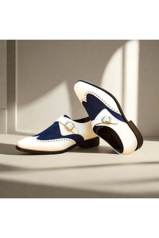 Ambrogio Handmade Custom White & Navy Suede / Calf-Skin Leather Monk Strap (AMB2004)-AmbrogioShoes