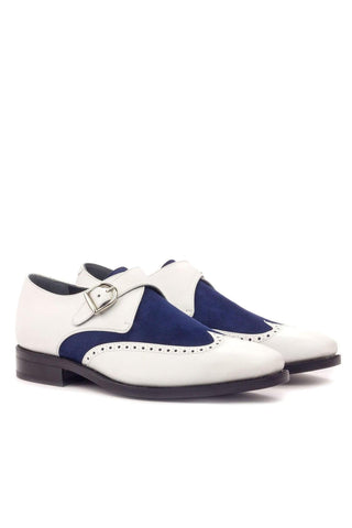 Ambrogio Handmade Custom White & Navy Suede / Calf-Skin Leather Monk Strap (AMB2004)-AmbrogioShoes
