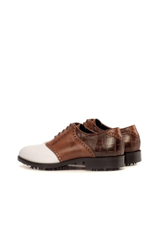 Ambrogio Handmade Custom White & Two-Tone Brown Crocodile Embossed / Pebble Grain / Calf-Skin Leather Fabric Golf Oxfords (AMB1973)-AmbrogioShoes