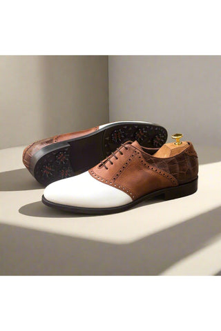 Ambrogio Handmade Custom White & Two-Tone Brown Crocodile Embossed / Pebble Grain / Calf-Skin Leather Fabric Golf Oxfords (AMB1973)-AmbrogioShoes