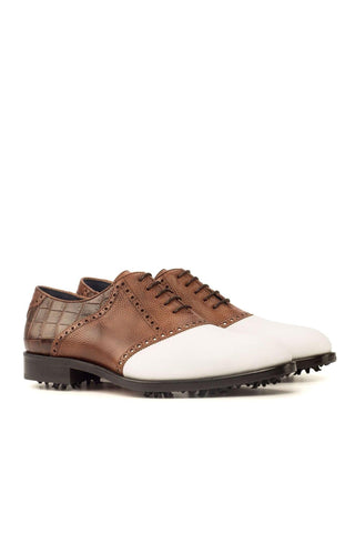 Ambrogio Handmade Custom White & Two-Tone Brown Crocodile Embossed / Pebble Grain / Calf-Skin Leather Fabric Golf Oxfords (AMB1973)-AmbrogioShoes