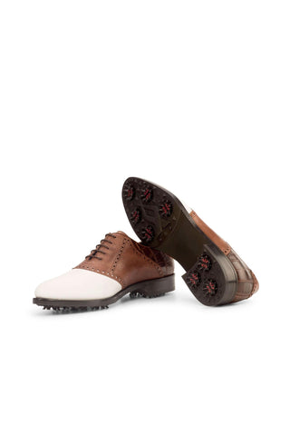 Ambrogio Handmade Custom White & Two-Tone Brown Crocodile Print / Pebble Grain / Calf-Skin Leather Fabric Golf Oxfords (AMB1973)-AmbrogioShoes