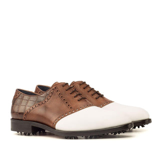 Ambrogio Handmade Custom White & Two-Tone Brown Crocodile Print / Pebble Grain / Calf-Skin Leather Fabric Golf Oxfords (AMB1973)-AmbrogioShoes
