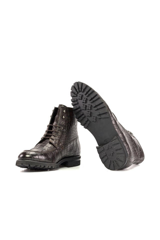 Ambrogio Handmade Dark Brown Crocodile Embossed Leather Moccasin Boots (AMB2346)-AmbrogioShoes