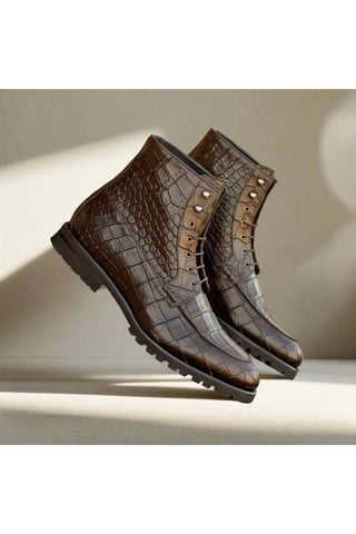 Ambrogio Handmade Dark Brown Crocodile Embossed Leather Moccasin Boots (AMB2346)-AmbrogioShoes