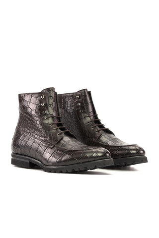 Ambrogio Handmade Dark Brown Crocodile Embossed Leather Moccasin Boots (AMB2346)-AmbrogioShoes