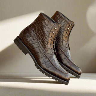 Ambrogio Handmade Dark Brown Crocodile Print Leather Moccasin Boots (AMB2346)-AmbrogioShoes