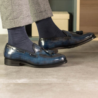 Ambrogio Handmade Denim Patina Leather Tassels Loafers (AMB2326)-AmbrogioShoes