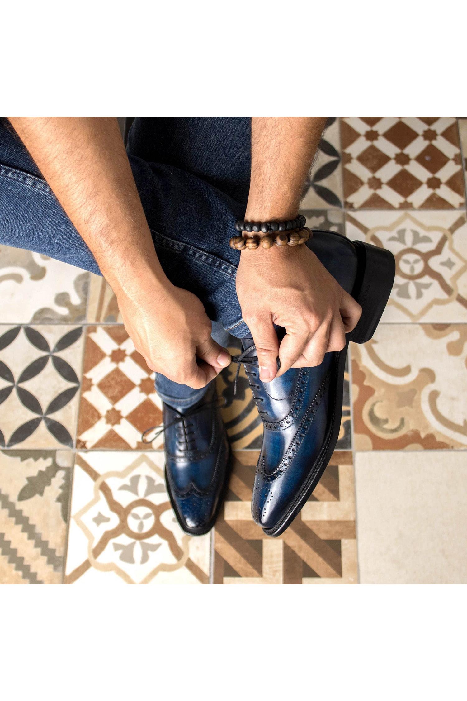 Ambrogio Handmade Denim Patina Leather Wingtip Oxfords (AMB2364) AmbrogioShoes Ambrogio Handmade Denim Patina Leather Wingtip Oxfords (AMB2364) AmbrogioShoes