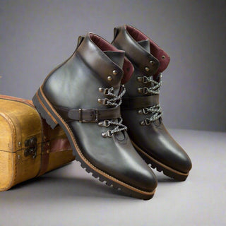 Ambrogio Handmade Gray & Brown Calf-Skin Leather Hiking Boots (AMB2356)-AmbrogioShoes