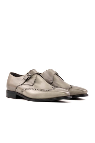 Ambrogio Handmade Gray Calf-Skin Leather Wingtip Monk Strap (AMB2290)-AmbrogioShoes