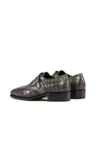 Ambrogio Handmade Gray Crocodile Embossed / Calf-Skin Leather Monk Strap (AMB2337)-AmbrogioShoes