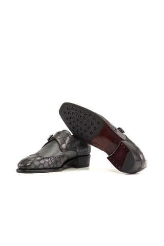 Ambrogio Handmade Gray Crocodile Embossed / Calf-Skin Leather Monk Strap (AMB2337)-AmbrogioShoes