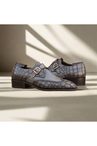 Ambrogio Handmade Gray Crocodile Embossed / Calf-Skin Leather Monk Strap (AMB2337)-AmbrogioShoes