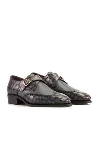Ambrogio Handmade Gray Crocodile Embossed / Calf-Skin Leather Monk Strap (AMB2337)-AmbrogioShoes